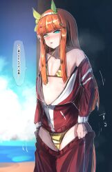 Rule 34 | 1girl, absurdres, alternate costume, animal ears, beach, bikini, blurry, blush, collarbone, commentary request, flat chest, gold bikini, headband, highres, hime cut, horse ears, horse tail, jacket, kanikama25, looking at viewer, ocean, open clothes, open jacket, open mouth, orange hair, pants, silence suzuka (umamusume), solo, steaming body, sweat, swimsuit, tail, track jacket, track pants, translation request, umamusume, undressing