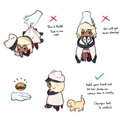Rule 34 | 1girl, 1other, @ @, animal, bandaged arm, bandaged leg, bandages, blonde hair, burger, cape, chibi, commentary, dark-skinned female, dark skin, derivative work, disembodied limb, dog, english commentary, english text, food, gloves, guilty gear, guilty gear strive, highres, how to, how to hold x (meme), jasmine real, lifting person, magehound, medium hair, meme, mini person, minigirl, ramlethal valentine, short eyebrows, shorts, white cape, white gloves