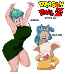 Rule 34 | 1girl, 2boys, armpits, arms up, bare arms, bare shoulders, breasts, bulma, cropped legs, curvy, dancing, dragon ball, dragonball z, dress, earrings, english text, floating, green dress, green hair, highres, huge breasts, jewelry, mature female, multiple boys, oolong, pig boy, pig man, puar, short dress, short hair, simple background, sleeveless, sleeveless dress, sweater, tagme, ultivlad, white background, worried, yellow sweater