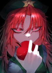 Rule 34 | 1girl, 33 gaff, apple, black background, braid, commentary, food, fruit, green hat, hat, holding, holding food, hong meiling, long hair, looking at viewer, red apple, red hair, side braids, simple background, solo, star (symbol), touhou, twin braids, upper body