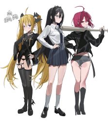 Rule 34 | 3girls, absurdres, ahoge, ass, baseball bat, black footwear, black hair, black jacket, black legwear, black panties, black shirt, black skirt, blonde hair, blue eyes, book, boots, bow, choker, collared shirt, earrings, freng, grey shorts, hair bow, hand on own hip, hands on own hips, high heel boots, high heels, highres, jacket, jewelry, knee boots, loafers, long hair, long sleeves, looking at viewer, looking away, looking back, mary janes, micro shorts, multiple girls, no pants, original, panties, pleated skirt, pointy ears, red eyes, red hair, shirt, shirt tucked in, shoes, short hair, short shorts, shorts, sidelocks, simple background, skirt, socks, standing, thighhighs, twintails, underwear, very long hair, white background, white shirt