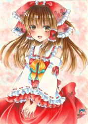 Rule 34 | 1girl, absurdres, blush, bow, brown eyes, brown hair, detached sleeves, floral print, frilled sleeves, frills, gradient background, hair bow, hair tubes, hakurei reimu, hands on lap, highres, hisui (irastlove), long hair, looking at viewer, marker (medium), millipen (medium), open mouth, own hands together, ribbon, ribbon-trimmed sleeves, ribbon trim, skirt, skirt set, solo, touhou, traditional media