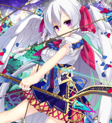 Rule 34 | 1girl, arrow (projectile), bow (weapon), feathered wings, hair ribbon, holding, looking at viewer, mouth hold, nyori, original, petals, purple eyes, ribbon, silver hair, solo, weapon, wings