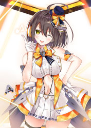 Rule 34 | 1girl, ahoge, arm strap, azur lane, baltimore (azur lane), baltimore (muse) (azur lane), bare shoulders, blue hat, blush, bow, braid, breasts, brown hair, buckle, center frills, center opening, clothing cutout, commentary request, crop top, french braid, frills, gloves, hair between eyes, hand on own hip, hand up, hat, head tilt, headset, heart, heart-shaped buckle, highres, idol, index finger raised, irohasu (mmgn7434), large breasts, looking at viewer, mini hat, miniskirt, music, musical note, navel, official alternate costume, one eye closed, open mouth, orange bow, pleated skirt, shirt, short hair, showgirl skirt, sidelocks, signature, singing, skindentation, skirt, sleeveless, sleeveless shirt, smile, solo, stage, stage lights, standing, stomach, stomach cutout, sweat, thigh strap, underboob, underboob cutout, white gloves, white shirt, white skirt, yellow eyes