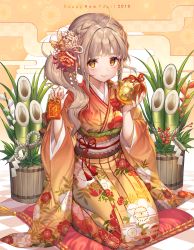 Rule 34 | 1girl, 2019, ahoge, blunt bangs, blush, breasts, brown hair, checkered floor, closed mouth, egasumi, floral print, full body, hair ornament, happy new year, highres, holding, japanese clothes, kanzashi, kimono, kinty, long hair, looking at viewer, nengajou, new year, obi, original, pillow, plant, potted plant, sash, seiza, side ponytail, sidelocks, sitting, small breasts, smile, solo, wide sleeves, yellow eyes