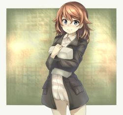 Rule 34 | 1girl, blue eyes, brown hair, harriet steer, jacket, looking at viewer, m4k155, military, military uniform, papers, smile, solo, strike witches, uniform, world witches series