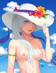 Rule 34 | 1girl, absurdres, blue eyes, breasts, collarbone, hair over shoulder, hat, highres, long hair, looking at viewer, nipples, parted lips, rwby, simple background, sky, weiss schnee, wet, white hair, zhao shixuan