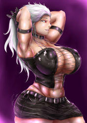 Rule 34 | 1girl, 2020, abs, absurdres, adjusting hair, armlet, armpits, arms up, belt, black choker, black gloves, breasts, choker, cleavage, commentary, covered erect nipples, cross, dark-skinned female, dark skin, dorohedoro, english commentary, eyelashes, from side, gloves, grin, hands in hair, highleg, highleg panties, highres, huge breasts, impossible clothes, lace-up top, leather skirt, lips, long hair, microskirt, muscular, muscular female, navel, no bra, noi (dorohedoro), panties, pink eyes, pink panties, revealing clothes, shiny skin, silver hair, skirt, sleeveless, smile, solo, spaghetti strap, standing, strap gap, the big-z, thick thighs, thighs, underwear