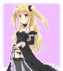 Rule 34 | 1girl, :&lt;, black panties, black thighhighs, blonde hair, bracelet, breasts, choker, clothes lift, collarbone, detached collar, dress, dress lift, female focus, fujimoto akio, garter belt, garter straps, gothic lolita, gradient background, jewelry, lolita fashion, long hair, looking at viewer, looking to the side, necklace, original, panties, smile, solo, thighhighs, twintails, two side up, underwear, white background, yellow eyes