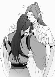 Rule 34 | 2boys, absurdres, blindfold, blush, chinese clothes, chinese hairpin, flying sweatdrops, greyscale, hair bun, hanfu, helen roro, high ponytail, highres, hug, long hair, long sleeves, male focus, modao zushi, monochrome, motion lines, multiple boys, open mouth, sash, simple background, single hair bun, standing, white background, wide sleeves, xiao xingchen, xue yang