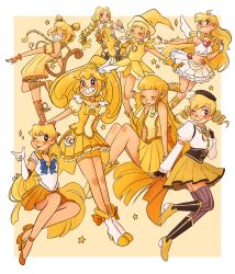 Rule 34 | 6+girls, aino minako, asuka momoko, bike shorts under skirt, bishoujo senshi sailor moon, blonde hair, blue bow, blue bowtie, boots, border, bow, bowtie, braid, choker, coco (idol) (mermaid melody pichi pichi pitch), coco (mermaid melody pichi pichi pitch), color connection, crossover, cure peace, detached sleeves, drill hair, elbow gloves, elly mii, fingerless gloves, full body, gladiator sandals, gloves, hair bow, hair color connection, hair ornament, hat, heart, highres, inubouzaki fuu, jewelry, kise yayoi, knee boots, long hair, looking at viewer, magical girl, mahou shoujo madoka magica, mahou shoujo madoka magica (anime), mermaid melody pichi pichi pitch, mew pudding, midriff, monkey girl, monkey tail, multiple crossover, multiple girls, navel, ojamajo doremi, one eye closed, outside border, panty &amp; stocking with garterbelt, panty (psg), pleated skirt, ponytail, precure, puffy sleeves, sailor senshi, sailor senshi uniform, sailor venus, sandals, short hair, short sleeves, skirt, sleeveless, smile, smile precure!, star (symbol), tail, thighhighs, tokyo mew mew, tokyo mew mew new, tomoe mami, tomoe mami (magical girl), tongue, tongue out, trait connection, two-tone background, white background, white border, wings, wink, witch, witch hat, yellow background, yellow choker, yellow footwear, yellow skirt, yellow theme, yuuki yuuna wa yuusha de aru, yuusha de aru