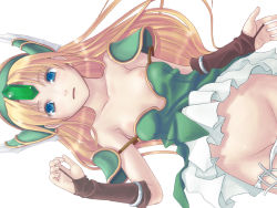 Rule 34 | 1girl, bare shoulders, blonde hair, blue eyes, breasts, bustier, clothes pull, groin, gusha (gusha gusya), long hair, lying, nipples, off shoulder, on back, out-of-frame censoring, panties, panty pull, parted lips, riesz, seiken densetsu, seiken densetsu 3, shirt pull, shoulder pads, sideways, simple background, solo, square enix, underwear, wallpaper, white background