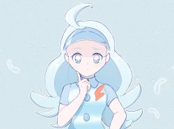 Rule 34 | 1girl, ahoge, blue hair, blush, closed mouth, collared shirt, commentary request, creatures (company), elite four, game freak, grey eyes, hand up, index finger raised, kahili (pokemon), korean commentary, light blue hair, long hair, looking at viewer, mole, mole under eye, nintendo, p0 taku, pokemon, pokemon sm, shirt, short sleeves, solo, striped clothes, striped shirt, upper body, visor cap