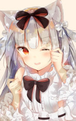 Rule 34 | 1girl, ;d, animal ears, azur lane, bad id, bad pixiv id, bare shoulders, black bow, blush, bow, brown background, brown eyes, cat ears, commentary request, dress, frills, hair bow, highres, long hair, long sleeves, looking at viewer, one eye closed, open mouth, sashima, silver hair, smile, solo, tears, two side up, white bow, white dress, wide sleeves, wiping tears, yukikaze (azur lane), yukikaze (sovereign of the swing) (azur lane)