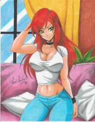 Rule 34 | 1girl, 2021, breasts, choker, cleavage, curtains, denim, denim pants, green eyes, hand on own head, highres, indoors, large breasts, long hair, marvel, mary jane watson, midriff, navel, pillow, ravernclouk design, red hair, solo, spider-man (series), traditional media, window