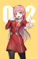 Rule 34 | 10s, 1girl, 4b, black pantyhose, blue eyes, candy, character name, cowboy shot, darling in the franxx, dress, floating hair, food, hairband, horns, index finger raised, lollipop, long hair, long sleeves, looking at viewer, open mouth, pantyhose, pink hair, red dress, short dress, solo, standing, uniform, very long hair, white hairband, yellow background, zero two (darling in the franxx)