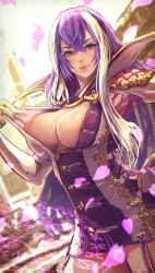 Rule 34 | &gt;:), 1girl, blue eyes, blush, breasts, bridal gauntlets, cleavage, closed mouth, clothes pull, cowboy shot, dress, hair between eyes, hand on own hip, high collar, highres, isabelle (shadowverse), kaburagi yasutaka, large breasts, long hair, looking at viewer, magic circle, multicolored hair, pulled by self, purple hair, shadowverse, short dress, smile, solo, two-tone hair, v-shaped eyebrows, white hair