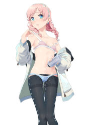 Rule 34 | 1girl, absurdres, adapted costume, arknights, bare shoulders, bikini, black leggings, blue bikini, blue eyes, blue poison (arknights), blue poison (shoal beat) (arknights), blush, bottle, braid, breasts, cameltoe, cleavage, collarbone, earrings, embarrassed, feet out of frame, gluteal fold, hairband, highres, holding, holding bottle, jacket, jewelry, leggings, long hair, long sleeves, looking at viewer, miaokira, mismatched bikini, navel, off shoulder, official alternate costume, open clothes, open jacket, parted lips, pink bikini, pink hair, pouring, pouring onto self, pulling own clothes, simple background, small breasts, solo, standing, stomach, strap pull, strap slip, stud earrings, swimsuit, thigh gap, twin braids, water, wet, wet clothes, white background, white hairband, white jacket