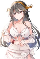 Rule 34 | 1girl, absurdres, bikini, blush, breasts, brown eyes, cleavage, grey hair, hair ornament, hairclip, haruna (kancolle), headgear, highres, jacket, kantai collection, large breasts, long hair, looking at viewer, off shoulder, open clothes, open jacket, sarong, sidelocks, simple background, solo, swimsuit, white background, white bikini, white jacket, yunamaro