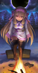 Rule 34 | 1girl, black pantyhose, blonde hair, bow, fate/grand order, fate (series), fire, fire pit, gold, hair ribbon, hairband, highres, illyasviel von einzbern, long hair, looking at viewer, mountain, night, outdoors, pantyhose, purple bow, purple hairband, purple robe, removing legwear, ribbon, robe, seductive smile, sitonai (fate), sitonai (fate/grand order), smile, snow, solo, thanabis, thighhighs, twintails, undressing, very long hair