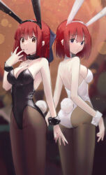 Rule 34 | 2girls, absurdres, alternate costume, animal ears, ass, backless dress, backless outfit, bare shoulders, black bow, black bowtie, black leotard, blue bow, bow, bowtie, breasts, brown pantyhose, cleavage, closed mouth, commentary, deko morii, detached collar, dress, fake animal ears, fake tail, fingernails, hair bow, half updo, highres, hisui (tsukihime), kohaku (tsukihime), leotard, looking at viewer, medium breasts, multiple girls, orange eyes, pantyhose, playboy bunny, purple eyes, rabbit ears, rabbit tail, red hair, red nails, siblings, sisters, smile, strapless, strapless leotard, symbol-only commentary, tail, tsukihime, twins, white leotard, wrist cuffs
