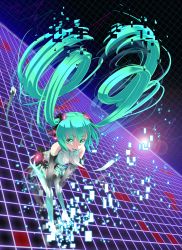 Rule 34 | 1girl, anklet, barefoot, block (object), bridal gauntlets, colored eyelashes, digital dissolve, floating hair, full body, green eyes, green hair, grid, hatsune miku, hatsune miku (append), highres, jewelry, leaning forward, long hair, matching hair/eyes, necktie, shoudoubutsu, solo, thighhighs, twintails, very long hair, vocaloid, vocaloid append