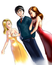Rule 34 | 1boy, 2girls, alternate costume, animification, arm hug, bad id, bad pixiv id, bare arms, bare shoulders, black hair, blonde hair, blue eyes, breasts, brown eyes, brown hair, cleavage, closed mouth, couple, double arm hug, dress, dutch angle, earrings, formal, girl sandwich, glasses, green eyes, hands in pockets, harry potter, harry potter (series), hermione granger, hetero, hogwarts school uniform, hug, jewelry, k2shh, locked arms, long dress, long hair, looking at another, luna lovegood, medium breasts, multiple girls, neck, necklace, necktie, red dress, round eyewear, sandwiched, scar, scar on face, scar on forehead, school uniform, short hair, simple background, smile, standing, strapless, strapless dress, sweater, v-neck, white background, wizarding world, yellow dress