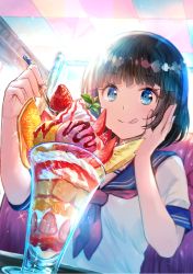 Rule 34 | 1girl, :q, ;q, backlighting, black hair, blue eyes, blue sailor collar, blunt bangs, blush, commentary request, day, fingernails, food, fruit, fuzichoco, hand on own cheek, hand on own face, holding, holding spoon, ice cream, indoors, long fingernails, neckerchief, one eye closed, orange (fruit), original, parfait, red neckerchief, sailor collar, school uniform, serafuku, shirt, short sleeves, sleeve cuffs, smile, solo, sparkle, spoon, strawberry, tongue, tongue out, upper body, white shirt