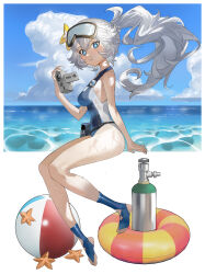 Rule 34 | 1girl, absurdres, alchemy stars, ball, beachball, blue eyes, breasts, cloud, day, florine (alchemy stars), florine (emergency diver) (alchemy stars), from side, full body, goggles, goggles on head, grey hair, highres, horizon, innertube, invisible chair, long hair, looking at viewer, looking to the side, mosquito (illumos233), ocean, open mouth, outdoors, oxygen tank, ponytail, pouch, school swimsuit, sitting, small breasts, solo, starfish, stirrup legwear, swim ring, swimsuit, symbol-shaped pupils, toeless legwear, toes, video camera, wet