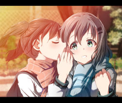 Rule 34 | 10s, 2girls, black hair, blue sailor collar, blue scarf, blurry, blurry background, blush, brown hair, brown scarf, chain-link fence, closed eyes, commentary request, depth of field, fence, fingernails, green eyes, hair between eyes, hair ornament, hairclip, hand up, head tilt, highres, kuraue hinata, letterboxed, long hair, long sleeves, mad (hazukiken), multiple girls, outdoors, profile, sailor collar, scarf, school uniform, serafuku, shirt, sunset, tree, twintails, whispering, white shirt, yama no susume, yukimura aoi