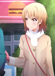 Rule 34 | 1girl, absurdres, blush, brown eyes, brown hair, closed mouth, coat, gloves, highres, isshiki iroha, kukie-nyan, long sleeves, looking at another, out of frame, outdoors, red gloves, short hair, smile, solo, solo focus, yahari ore no seishun lovecome wa machigatteiru.