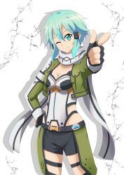 Rule 34 | 1girl, ;), black gloves, black shorts, blue eyes, blue hair, breasts, cleavage, closed mouth, fingerless gloves, gloves, green jacket, hair between eyes, hair ornament, hairclip, highres, jacket, ken-ji, long sleeves, looking at viewer, medium breasts, one eye closed, open clothes, open jacket, scarf, short hair, short shorts, shorts, sinon, smile, solo, standing, sword art online, thigh strap, white background, white scarf
