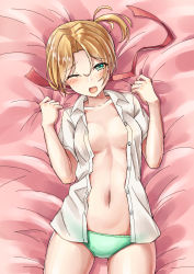 Rule 34 | 1girl, ;o, bad link, blonde hair, blush, commentary request, cowboy shot, green eyes, green panties, kantai collection, maikaze (kancolle), mayura (lucadia), navel, no bra, on bed, one eye closed, open clothes, open shirt, panties, parted bangs, ponytail, red ribbon, ribbon, shirt, solo, underwear, wavy mouth, white shirt