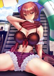 Rule 34 | 1girl, alternate costume, baseball (object), beach, bikini, black bikini, blue bow, blush, bottle, bow, breasts, cleavage, closed mouth, cloud, commentary request, frilled bikini, frills, hair bow, highres, huge breasts, innertube, looking at viewer, navel, outdoors, red eyes, red hair, red scarf, ribbon-trimmed bikini, scarf, sekibanki, sekibanki (dullahan on the beach), shounen (hogehoge), sitting, smile, solo, spread legs, swim ring, swimsuit, touhou, touhou lostword, variant set, water bottle