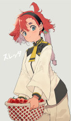 Rule 34 | 1girl, ahoge, basket, black hairband, blue eyes, closed mouth, commentary request, grey background, gundam, gundam suisei no majo, hair between eyes, hairband, highres, holding, holding basket, jacket, long hair, long sleeves, looking at viewer, mieharu, red hair, short eyebrows, shorts, simple background, smile, solo, suletta mercury, thick eyebrows, translation request, white jacket, white shorts, wide sleeves