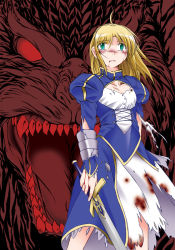 Rule 34 | 1girl, ahoge, angeldust, armor, artoria pendragon (fate), blonde hair, blood, blood on face, crossover, curb stomp battle, damaged, dress, excalibur (fate/stay night), fangs, fate/stay night, fate (series), gauntlets, godzilla, godzilla (series), green eyes, injury, kaijuu, monster, open mouth, red eyes, saber (fate), solo, sword, torn clothes, type-moon, weapon