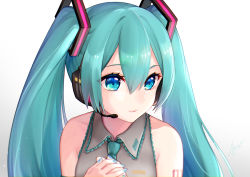 Rule 34 | 1girl, aqua eyes, aqua hair, aqua necktie, bare shoulders, commentary, expressionless, grey shirt, hair ornament, hatsune miku, headphones, headset, highres, lips, long hair, looking to the side, mamo (fortune-mm), necktie, own hands together, shirt, shoulder tattoo, sleeveless, sleeveless shirt, solo, tattoo, twintails, upper body, very long hair, vocaloid