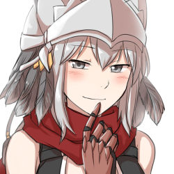 Rule 34 | 1girl, assassin cross (ragnarok online), black gloves, black leotard, blush, breasts, closed mouth, commentary request, feather hair ornament, feathers, garter straps, gloves, grey eyes, grey feathers, grey hair, hair ornament, helmet, leotard, looking at viewer, medium breasts, medium hair, natsuya (kuttuki), ragnarok online, red scarf, scarf, simple background, smile, solo, upper body, white background