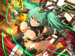 Rule 34 | 1girl, armor, artist request, bikini, black thighhighs, bracelet, breasts, cape, coach, crown, detached sleeves, feet out of frame, floating, flower, gold, green eyes, green hair, high heels, holding, holding weapon, ikkitousen, jewelry, large breasts, looking at viewer, lu bu, magic, micro bikini, official art, polearm, rose, ryofu housen, senran kagura, smile, spear, swimsuit, thighhighs, twintails, weapon
