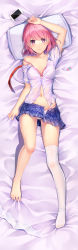 Rule 34 | 1girl, absurdres, arm up, bed sheet, blue skirt, blush, bra, breasts, cellphone, clothes lift, collarbone, dakimakura (medium), dress shirt, feet, from above, full body, hand on own head, highres, lace, lace-trimmed bra, lace trim, ling shi zhi meng, looking at viewer, lying, navel, off shoulder, on back, open clothes, open shirt, open skirt, original, panties, partially unbuttoned, phone, pillow, pink eyes, pink hair, plaid, plaid skirt, pleated skirt, see-through, shiny skin, shirt, short sleeves, single thighhigh, skirt, skirt lift, smartphone, solo, strap slip, swept bangs, thighhigh removed, thighhighs, underwear, white thighhighs