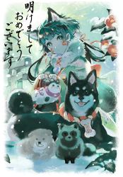Rule 34 | 1girl, akeome, animal ears, bayashiko, black eyes, black hair, blunt bangs, chinese zodiac, commentary request, dog, dog ears, facial mark, flower, fur collar, happy new year, highres, holding, japanese clothes, kimono, long sleeves, looking at viewer, new year, original, snow, snowing, solo, tanuki, torii, wide sleeves, year of the dog