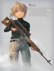Rule 34 | 1girl, ahoge, androgynous, belt, belt buckle, black belt, black sweater, blonde hair, blue eyes, buckle, cargo pants, character name, child, commentary, dragunov svd, english text, feet out of frame, floating hair, fog, foge, grey background, grey pants, gun, gunslinger girl, highres, holding, holding gun, holding weapon, long sleeves, looking at viewer, pants, parted lips, rico (gunslinger girl), rifle, shirt tucked in, short hair, smoke, smoking barrel, sniper rifle, solo, standing, sweater, turtleneck, weapon