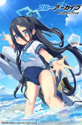 Rule 34 | 1girl, absurdly long hair, allwei, alternate costume, aris (blue archive), arm up, black hair, blue archive, blue eyes, blue sky, bracelet, cloud, cloudy sky, commentary request, copyright name, hair between eyes, hairband, halo, highres, horizon, in water, jewelry, logo, long hair, looking at viewer, ocean, old school swimsuit, one side up, pointing, pointing up, railgun, reaching, reaching towards viewer, school swimsuit, school uniform, serafuku, short sleeves, sidelocks, simple background, sky, smile, solo, sun, sunlight, swimsuit, swimsuit under clothes, very long hair, weapon, weapon on back