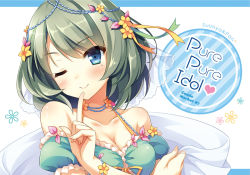 Rule 34 | 10s, 1girl, ;), bad id, bad pixiv id, bare shoulders, blue eyes, blush, breasts, cleavage, collarbone, crossed arms, diagonal stripes, english text, finger to mouth, flower, green hair, hair flower, hair ornament, idolmaster, idolmaster cinderella girls, looking at viewer, medium breasts, mole, mole under eye, one eye closed, pan (mimi), short hair, smile, solo, striped, takagaki kaede, upper body