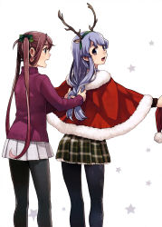 Rule 34 | 10s, 2girls, absurdres, asagumo (kancolle), black legwear, bow, braid, brown eyes, brown hair, capelet, casual, fake antlers, fujikawa, fur trim, hair bow, hairband, highres, kantai collection, light purple hair, long hair, long sleeves, multiple girls, official art, open mouth, outstretched arms, pantyhose, plaid, plaid skirt, pleated skirt, purple eyes, scan, single braid, skirt, smile, turtleneck, twintails, tying hair, yamagumo (kancolle)