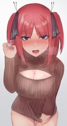 Rule 34 | 1girl, blue eyes, blue nails, blunt bangs, blush, breasts, butterfly hair ornament, cleavage, clothes tug, commentary, eyelashes, facing viewer, fellatio gesture, full-face blush, furrowed brow, go-toubun no hanayome, hair ornament, hand up, heavy breathing, highres, large breasts, leaning forward, looking at viewer, medium hair, meme attire, mowatoro (10628 ), nail polish, nakano nino, naked sweater, open-chest sweater, open mouth, parted bangs, pink hair, round teeth, sidelocks, simple background, solo, standing, steam, straight-on, sweater, sweater tug, teeth, two side up, white background