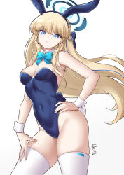 Rule 34 | 1girl, absurdres, animal ears, aqua bow, aqua bowtie, blonde hair, blue archive, blue eyes, blue leotard, bow, bowtie, breasts, cowboy shot, detached collar, hand on own hip, highres, leotard, long hair, playboy bunny, rabbit ears, rabbit tail, simple background, small breasts, solo, strapless, strapless leotard, tail, thighhighs, toki (blue archive), toki (bunny) (blue archive), van.elv, white background, white thighhighs, wrist cuffs