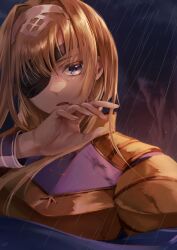 Rule 34 | 1girl, absurdres, alice zuberg, armor, blonde hair, blood, blood from mouth, blue eyes, commentary request, dark background, eyepatch, gold armor, hair between eyes, hair over one eye, hairband, hibiya saeki, highres, lips, long hair, long sleeves, looking at viewer, parted lips, rain, solo, sword art online, sword art online: alicization, sword art online: alicization - war of underworld, upper body, wiping blood