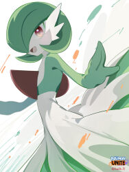 Rule 34 | 1girl, artist name, bob cut, colored skin, copyright name, creatures (company), english text, female focus, flat chest, from side, game freak, gardevoir, gen 3 pokemon, green hair, green skin, hair over one eye, happy, highres, looking at viewer, multicolored skin, nintendo, one eye covered, open mouth, pokemon, pokemon (creature), pokemon unite, red eyes, short hair, signature, smile, solo, standing, suahh, twitter username, two-tone skin, watermark, white background, white skin