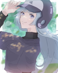Rule 34 | 1girl, adjusting clothes, adjusting headwear, baseball helmet, baseball uniform, black shirt, blue hair, blurry, bokeh, border, closed mouth, commentary request, dappled sunlight, depth of field, falling leaves, from side, green background, hand up, helmet, highres, jujutsu kaisen, leaf, long hair, long sleeves, looking at viewer, looking to the side, miwa kasumi, outside border, purple eyes, shionagi hagi, shirt, smile, solo, sportswear, sunlight, upper body, white border